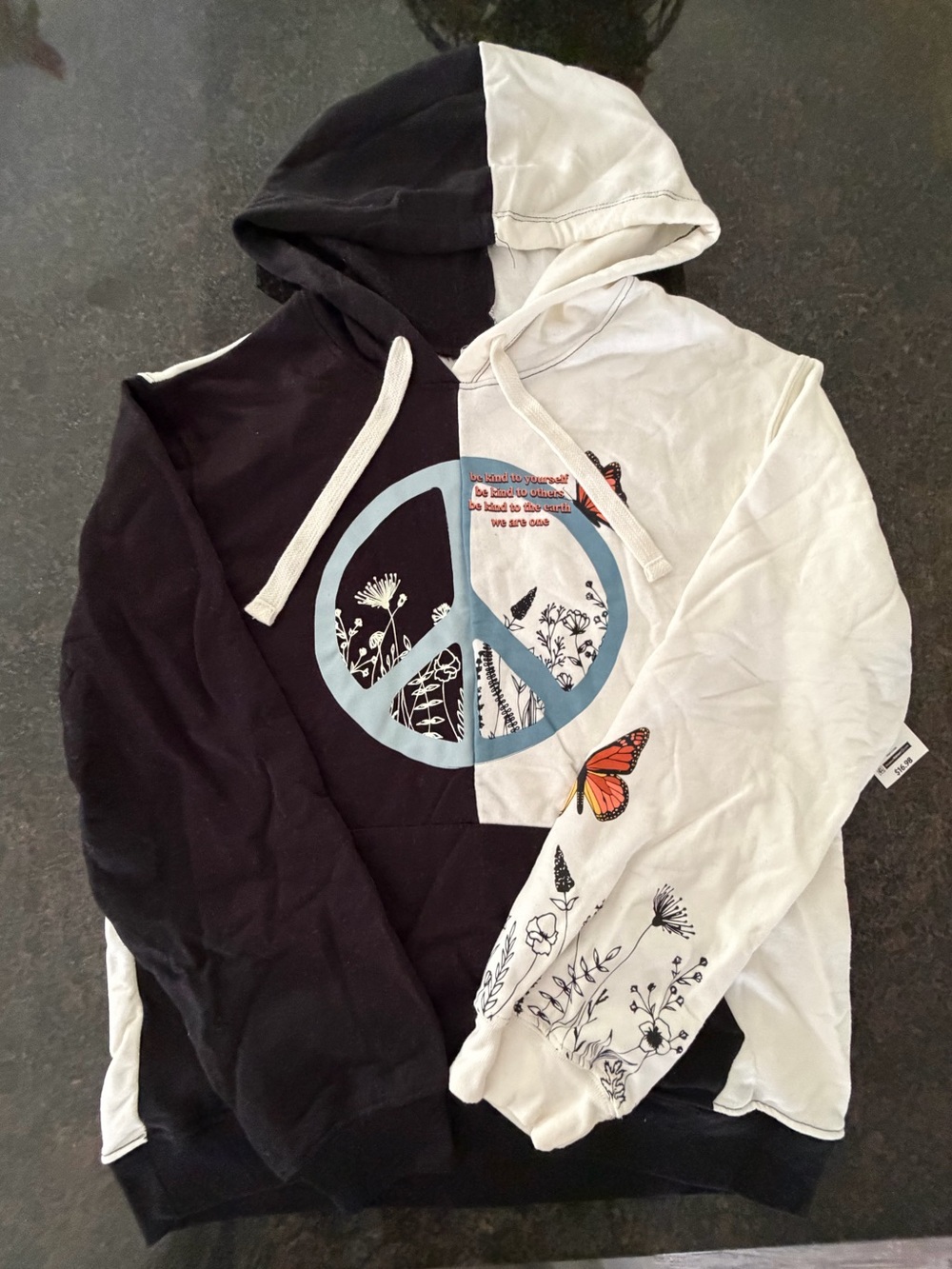 Black & White Peace Sign Split Hoodie with Floral and Butterfly Accents